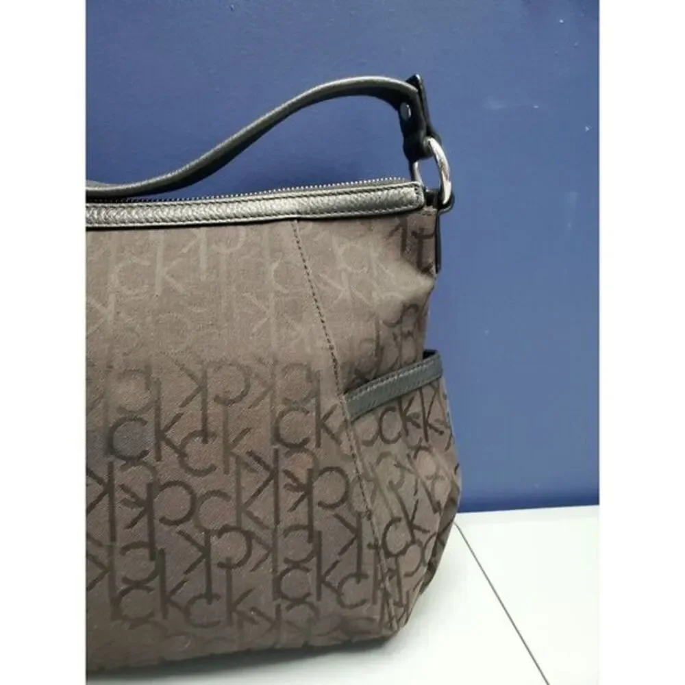 Calvin Klein Hobo Bag Womens Black Canvas‎ Shoulder Strap Silver Hardware